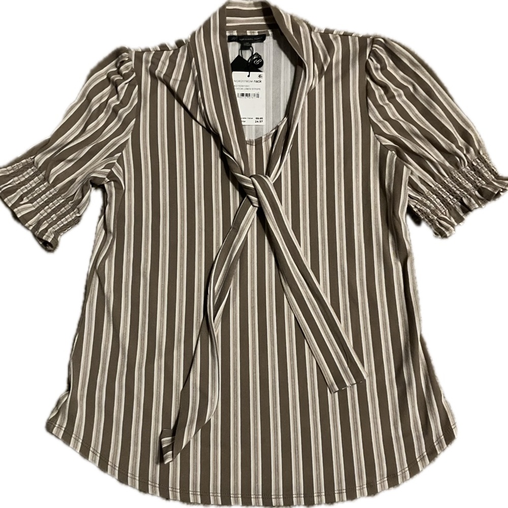 NWT Adrianna Papell Brown and White Striped Blouse Size XS